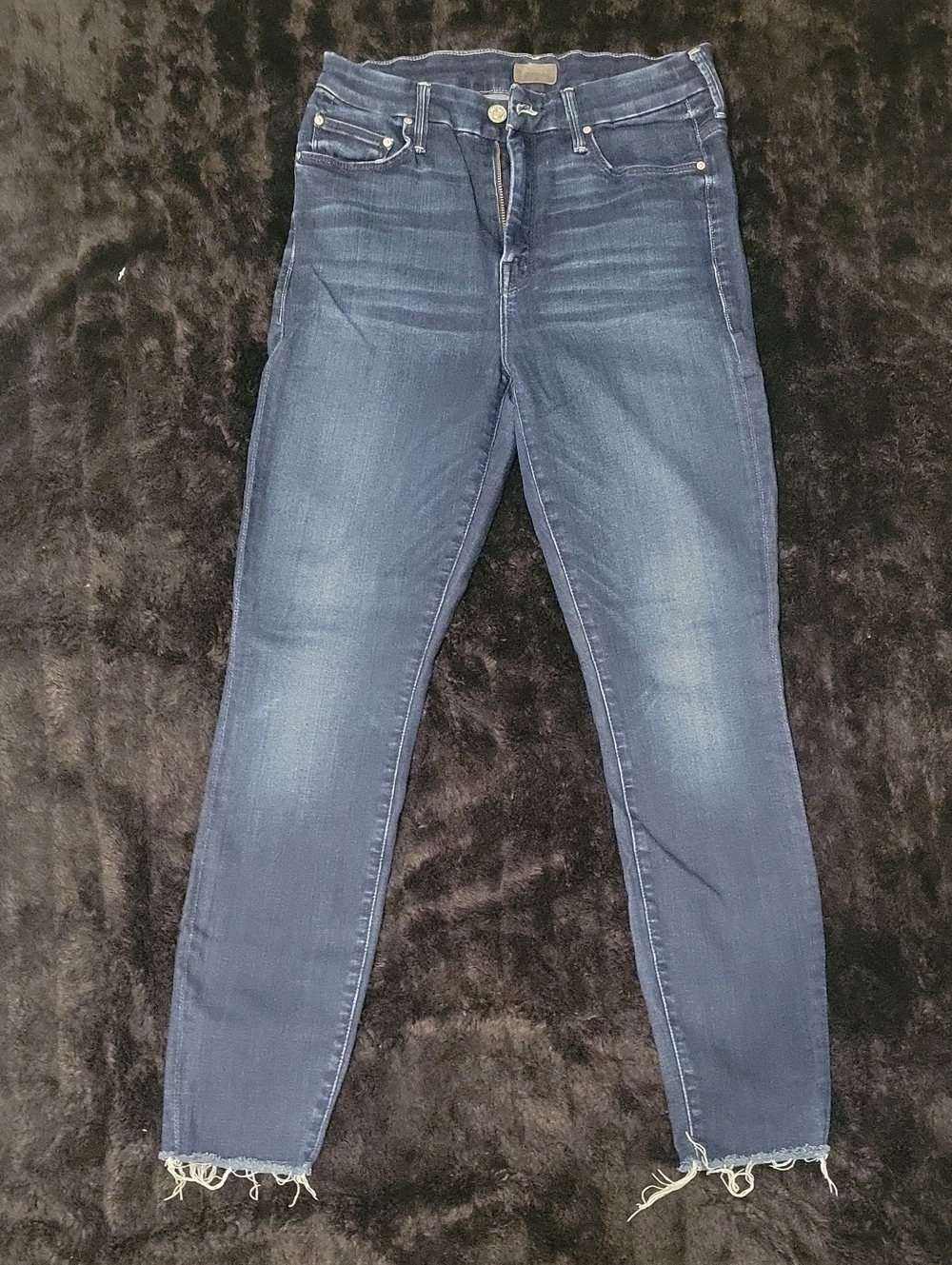 MOTHER Indigo Blue Skinny Jeans with Frayed Hem
